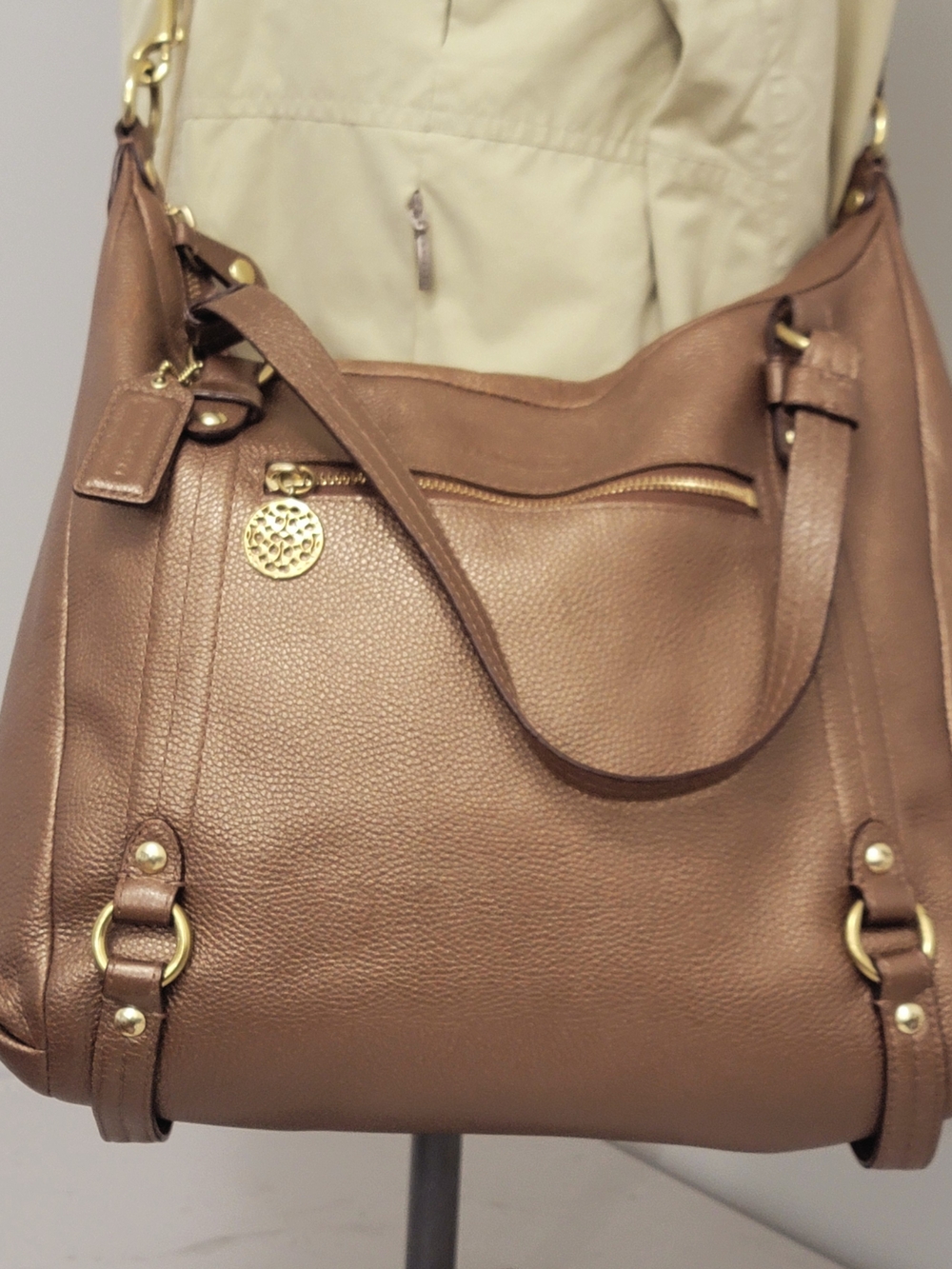 ✨ Coach Metallic Bronze Alexandra Convertible Hobo Bag Purple Satin Interior!